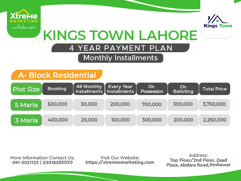 Kings Town Lahore A-Block ressidentail payment plan