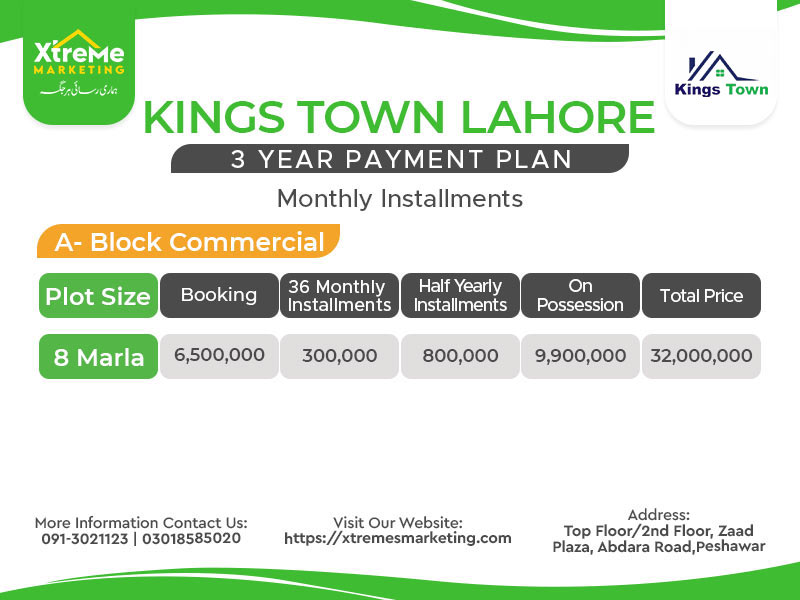 Kings Town Lahore A-Block commercial payment plan